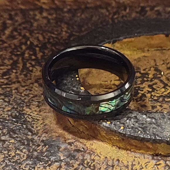 Men's Real Black Tungsten Promise Ring With Abalone Shell Inlay - Picture 7 of 11